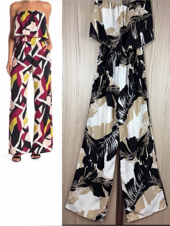 mahina Pants - Mahina ~ Strapless Jumpsuit ~ in Black/Tan/White Palm Leaves Print